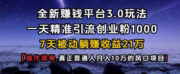 全新赚钱平台3.0玩法一天精准引流创业粉1000.7天被动躺Z收益21W【仅揭秘】-副业猫